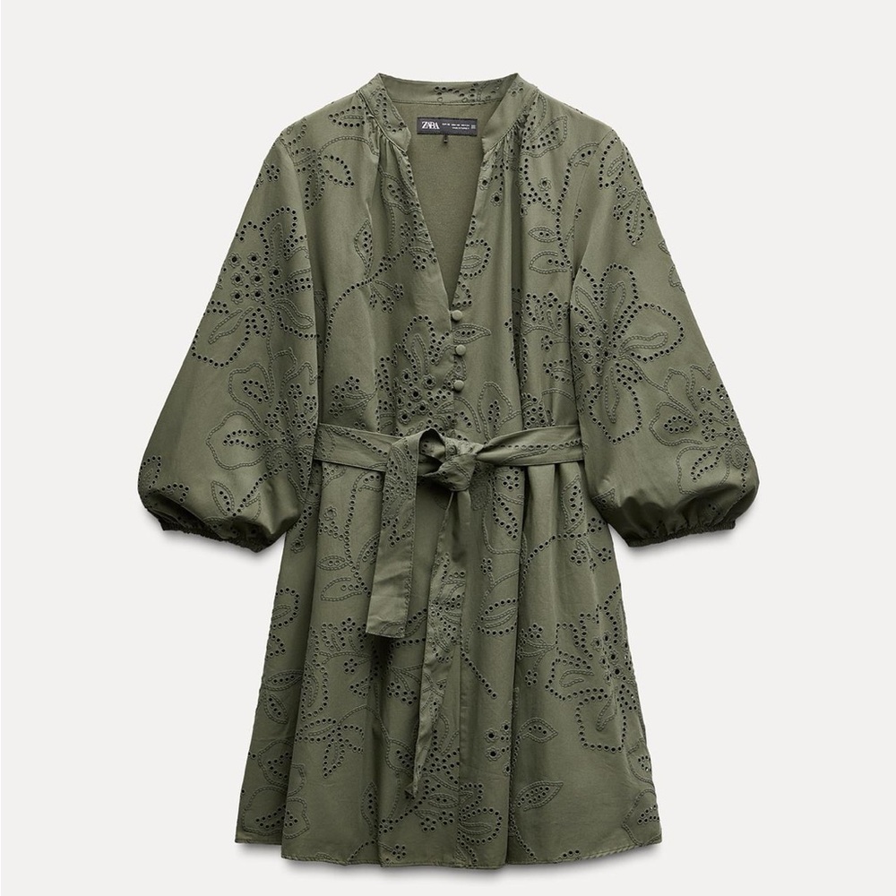 Zara Olive Green Embroidered Dress